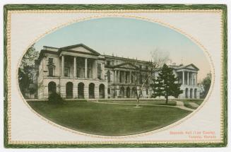 Oval picture of law buildings facing large front lawn set in white border.