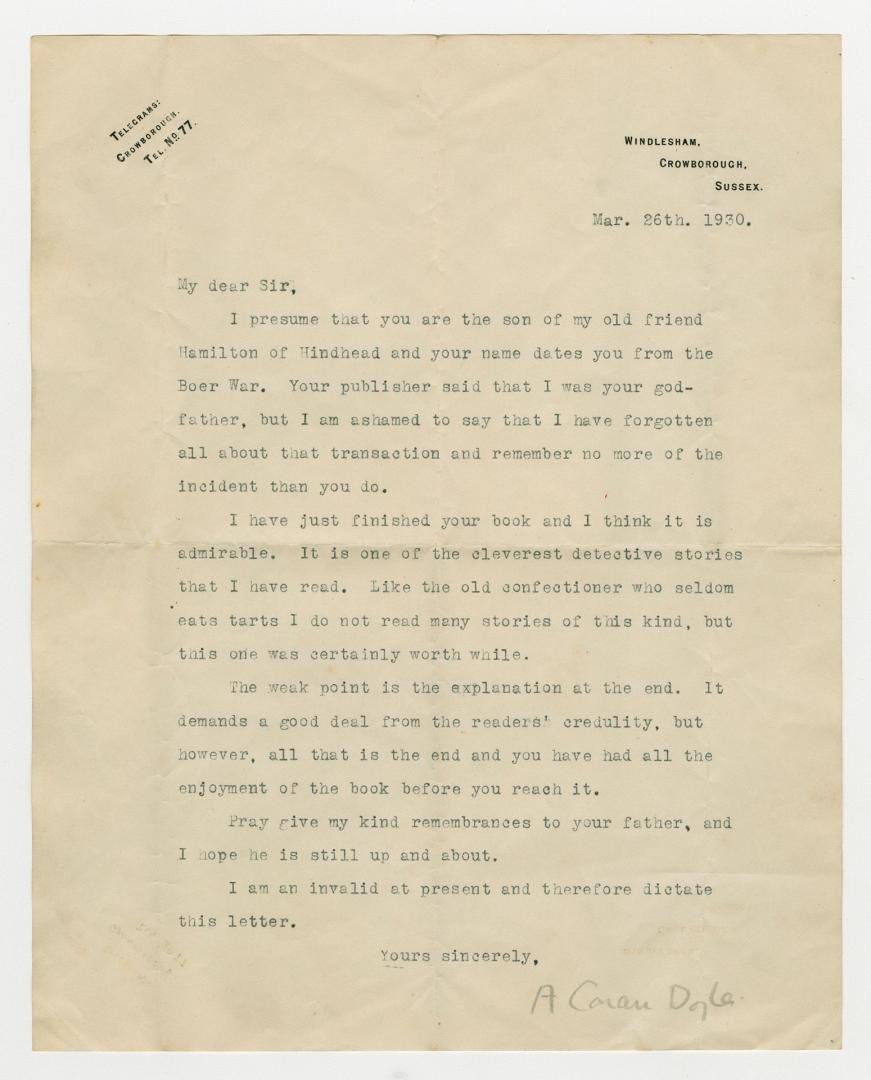 Typed letter, signed by Arthur Conan Doyle.