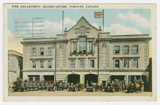 Colorized pictures of a three story pubic building with fire trucks lined up along the front.