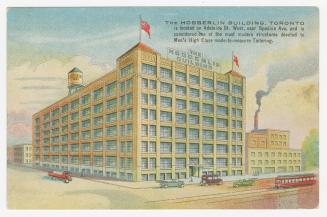 Color drawing of a eight story factory building.