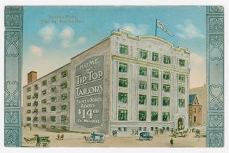 Colorized drawing of a large five story factory building