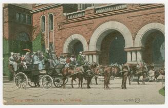 Colorized photograph of a horse drawn stage coach in front of a Richardsonian Romanesque doorwa ...