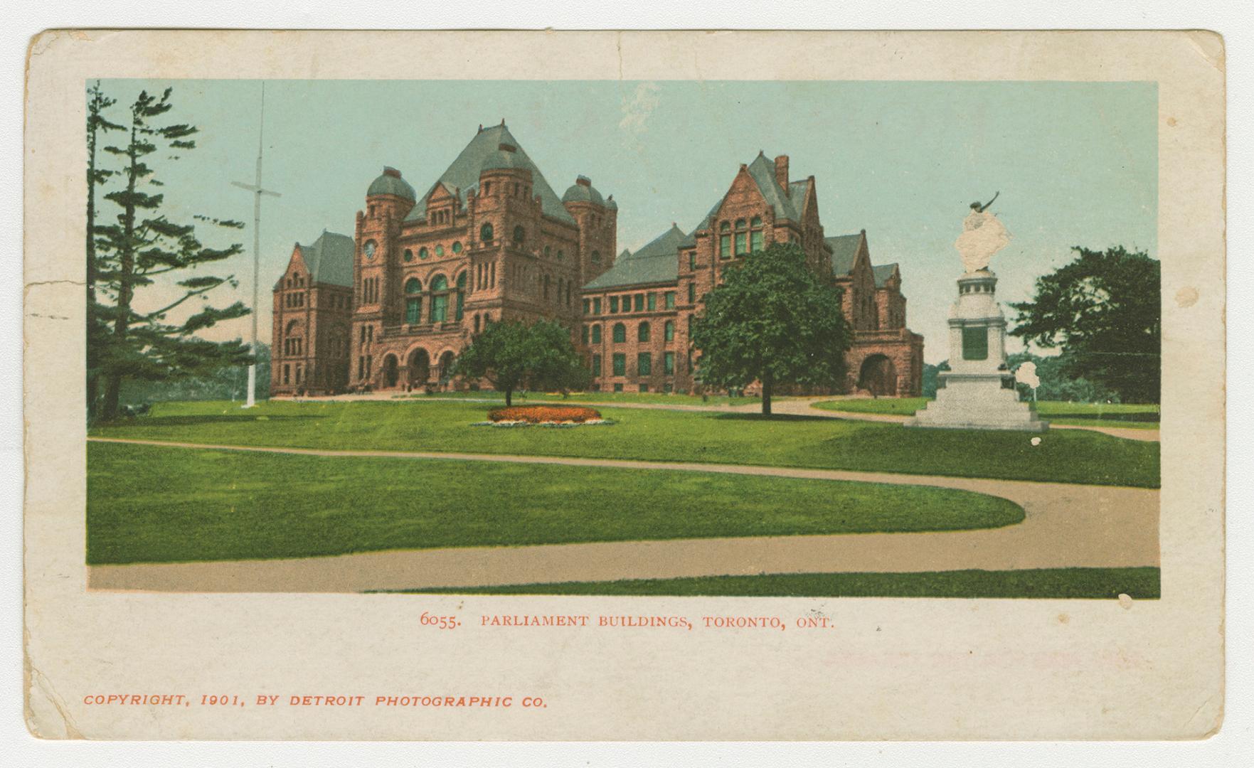 Colorized photograph a large government building in the Ricardsonian Romanesque style.