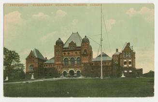 Colorized photograph of a large government building in the Ricardsonian Romanesque style.