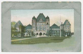 Colorized photograph of a large government building in the Ricardsonian Romanesque style with a ...