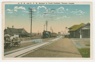 Colour postcard depicting an illustration of a railway yard with caption, "G.T.R. and C.P.R. St ...