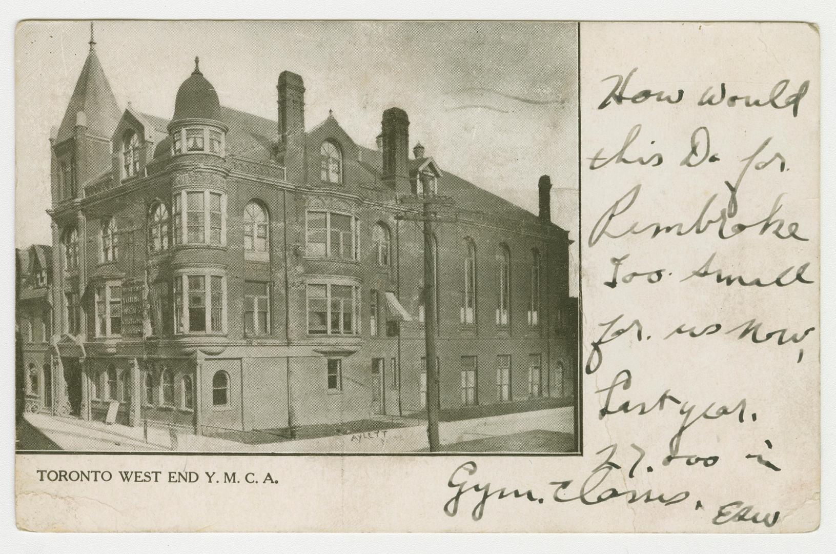 B/W Postcard depicting a photo of the a building with caption, "Toronto West End Y.M.C.A.". The ...