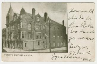 B/W Postcard depicting a photo of the a building with caption, "Toronto West End Y.M.C.A.". The ...