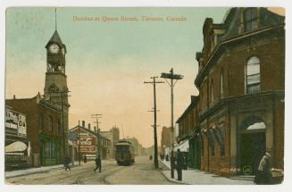Colour postcard depicting a photo of Dundas and Queen Streets around 1910, with caption, "Dunda ...