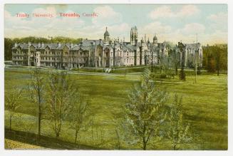 Colour postcard depicting a photo of Trinity University and surrounding lawns, with caption, "T ...