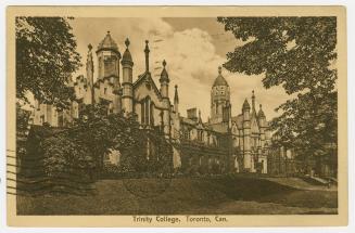 Sepia-toned postcard depicting a photo of the exterior of Trinity College, with caption, "Trini ...