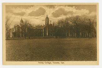 Sepia-toned postcard depicting a photo of the exterior of Trinity College, with caption, "Trini ...