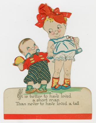 A very tall girl with a real red ribbon on her head holds hands with a much shorter man as they…