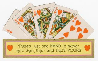 The card depicts a royal flush poker hand.Made in Chicago, Illinois.