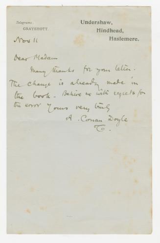Manuscript letter dictated by Arthur Conan Doyle to unknown individual. 