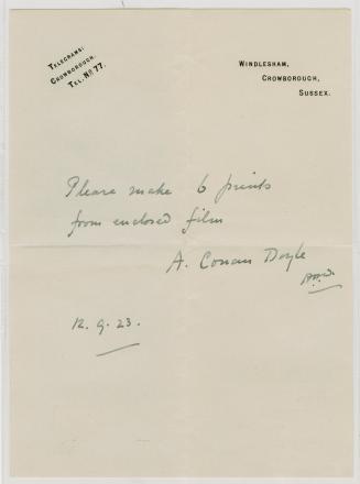 Letter in Arthur Conan Doyle's handwriting. 