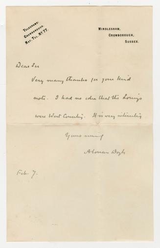 Manuscript letter and postage envelope in Arthur Conan Doyle's handwriting. 
