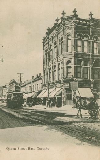 Picture of street corner with shops, streetcar and horse and wagon. 