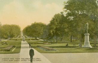 Colorized photograph of people walking on pathways in a large urban park.
