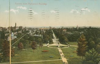 Colorized, aerial photograph of people walking on pathways in a large urban park.