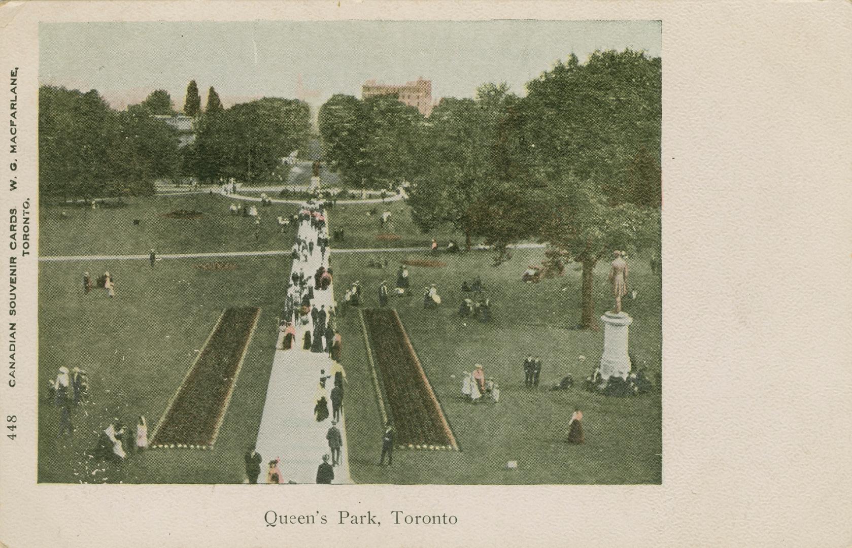 Colorized photograph (aerial view) of a huge crowd of people walking on pathways and lawn in a  ...