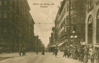 Sepia-toned postcard depicting a photo of Queen Street, looking west from Yonge. Simpsons and o ...