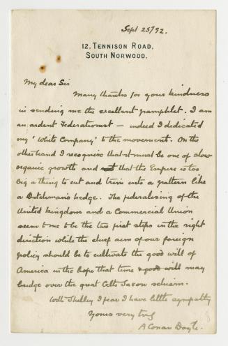 Manuscript letter in Arthur Conan Doyle's handwriting.