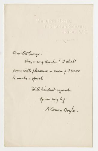Manuscript letter in Arthur Conan Doyle's handwriting. 