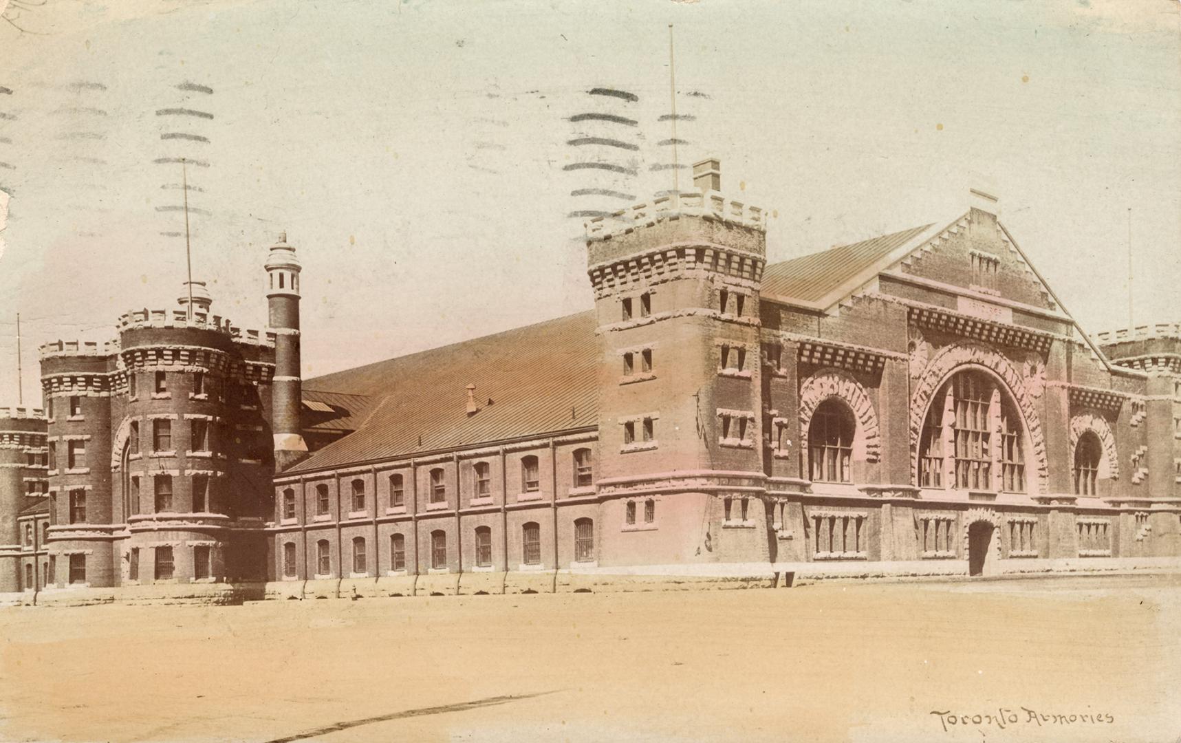 Colorized photograph of a very large Romanesque Revival, castle-like structure. 