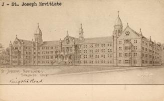 Sepia-toned postcard depicting a photo of the exterior of the St. Joseph's Novitiate building w ...