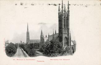B/W postcard depicting a photo of the exterior of the Metropolitan Church as well as St. Michae ...