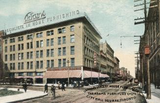 Colour postcard depicting a photo of the exterior of Adams Furniture Company, with caption, "Ca ...