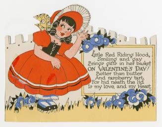A girl wearing a puffy red dress and bonnet stands in a patch of blue flowers. A rhyming verse  ...