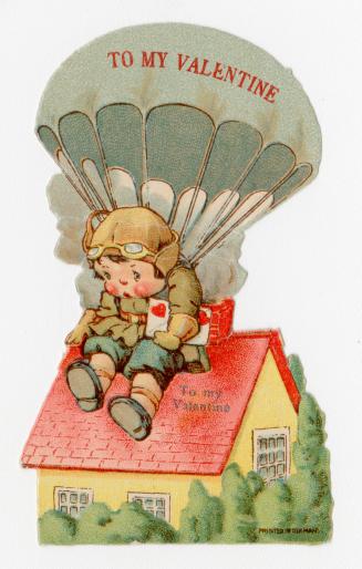 A child wearing an aviator outfit parachutes out of the sky. A red and yellow house is behind h ...