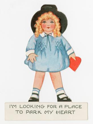 This die-cut card pictures a girl in a blue dress and a large black hat holding a heart.