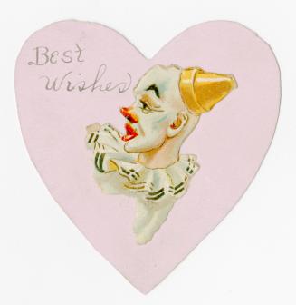 A heart shape appears to have been cut out of pink paper by hand. A die-cut clown's face has be ...