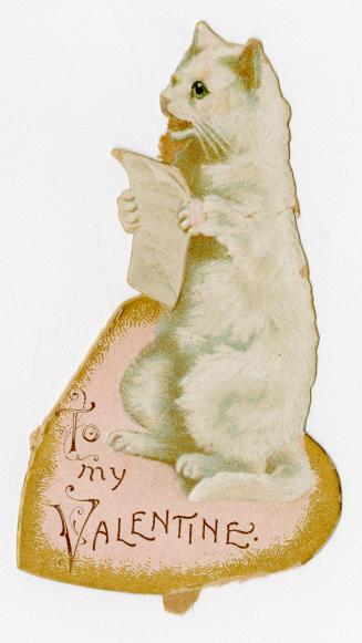 A die-cut card. A white cat with long fur stands on it's hind legs. In its front paws it holds  ...