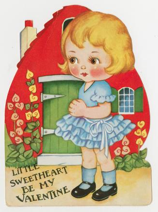 A young girl in a blue dress stands outside a red house. The house has a green door and flowers ...