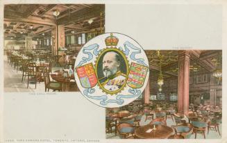 Two colorized photographs of the interior of a restaurant. King Edward VII photograph and shiel ...