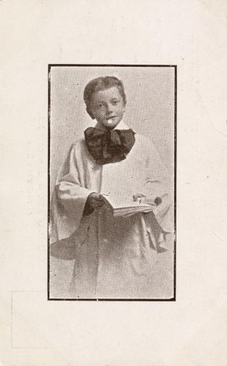 Picture of a choir boy in gown and holding music with wide white border around the image. 