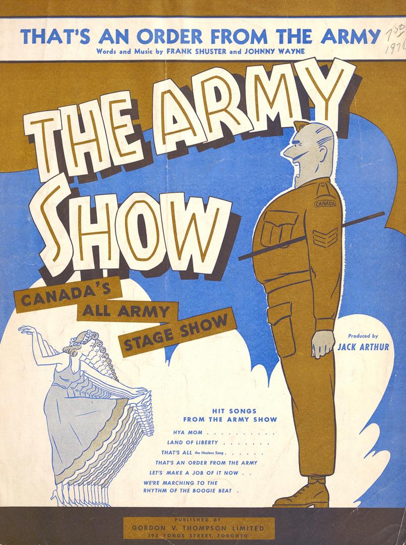 Cover features: title and composition information; drawing of a sergeant and chorus line (green…