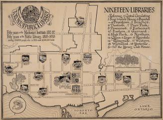 Map of Toronto showing locations of nineteen library branches. Each branch has a sticker on the ...