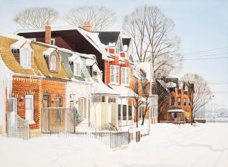 A painting of a row of two and three story townhouses during winter, with snow on the ground an ...