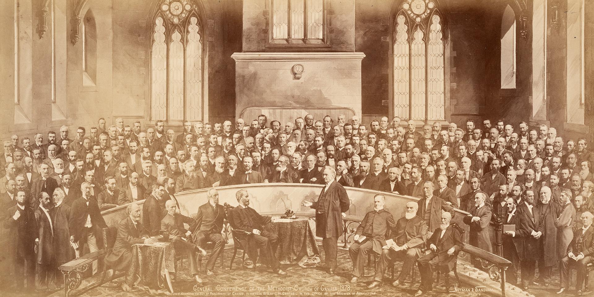 A composite photograph of a conference meeting taking place in a church, with several dozen men ...