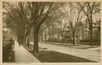 Sepia-toned postcard depicting a street in Rosedale, with a man standing on the sidewalk across ...