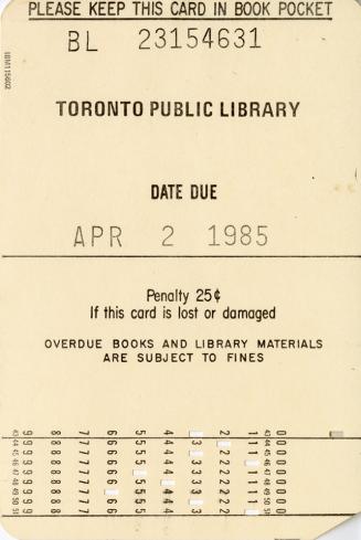 Library due date card with punched out bottom. 
