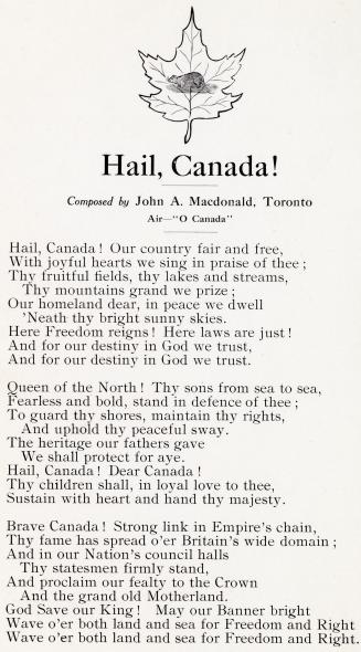 Card containing the lyrics to "Hail, Canada!"