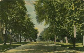 Colorized photograph of a city street bordered by large houses and trees.
