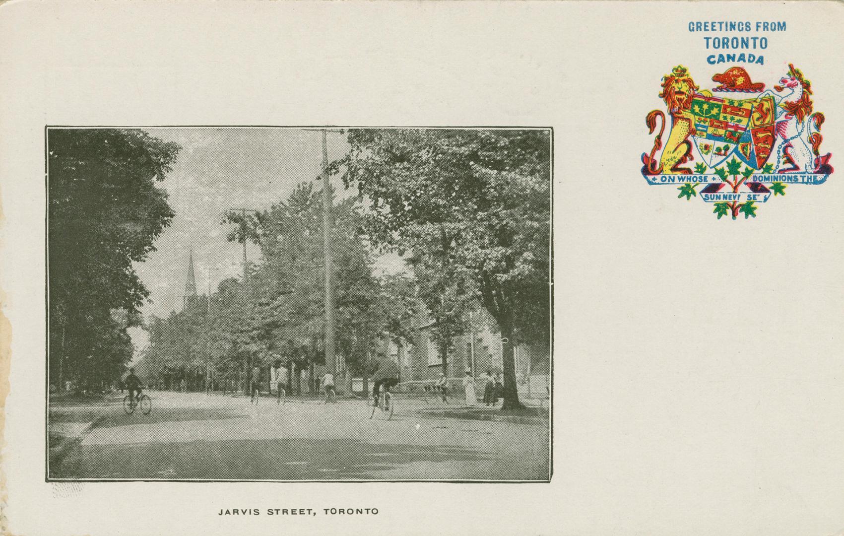 Black and white photograph of a city street bordered by large houses and trees. Coat of arms in ...