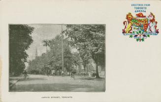 Black and white photograph of a city street bordered by large houses and trees. Coat of arms in ...